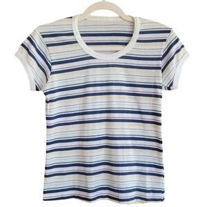 Vintage 80s Striped Knit T-Shirt Short Sleeve Rib Scalloped Trim Ringer Tee